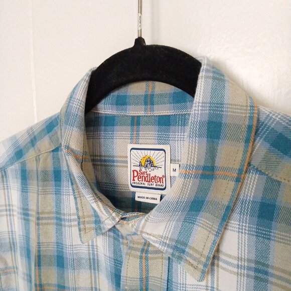 Surf Pendleton Mens M Flannel Long Sleeve Button Shirt 100% Cotton Blue Green - Picture 8 of 8